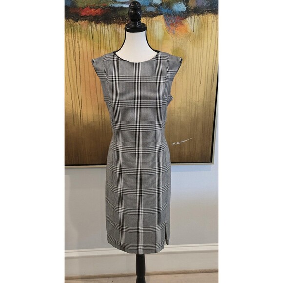 BOSS Hugo Boss Dress Womens Large Black White Sheath Sleeveless Houndstooth Work - Picture 1 of 14